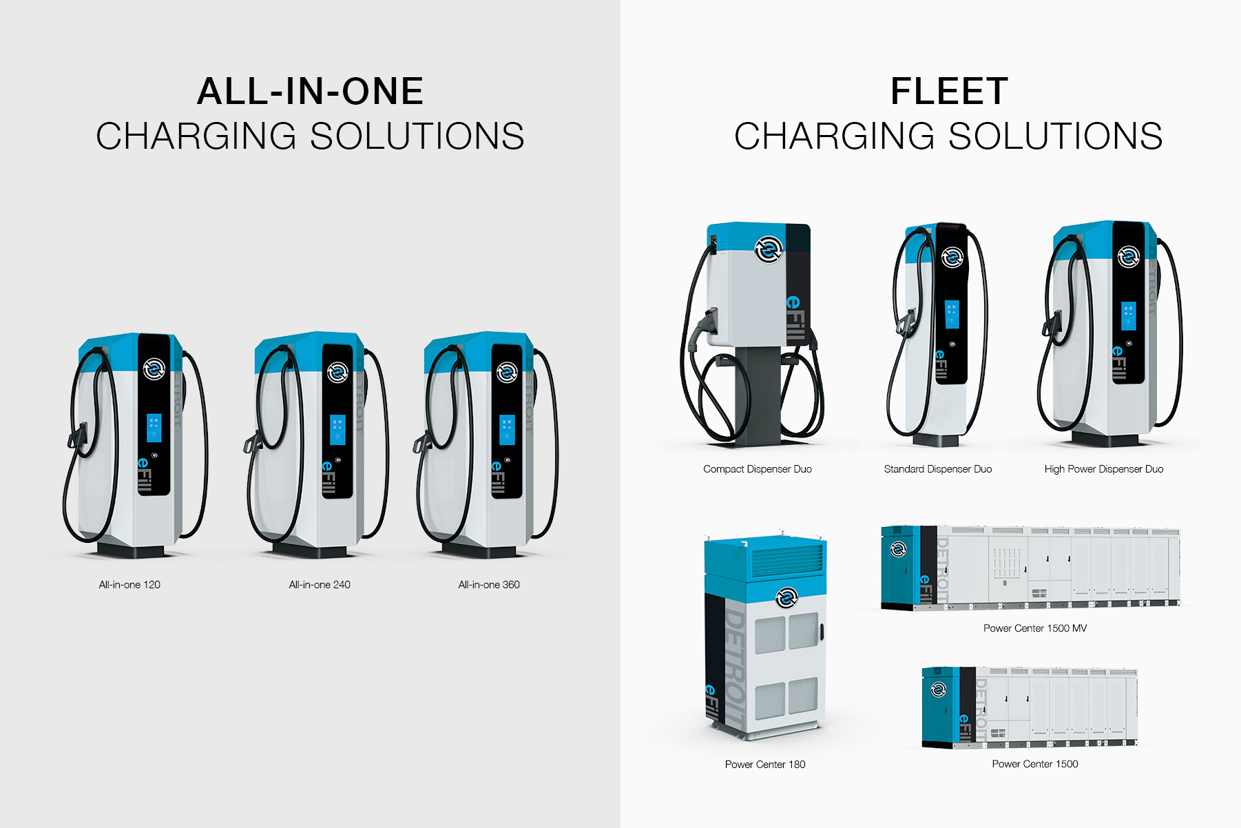 A marketing image that displays the Detroit eFill charging solutions.